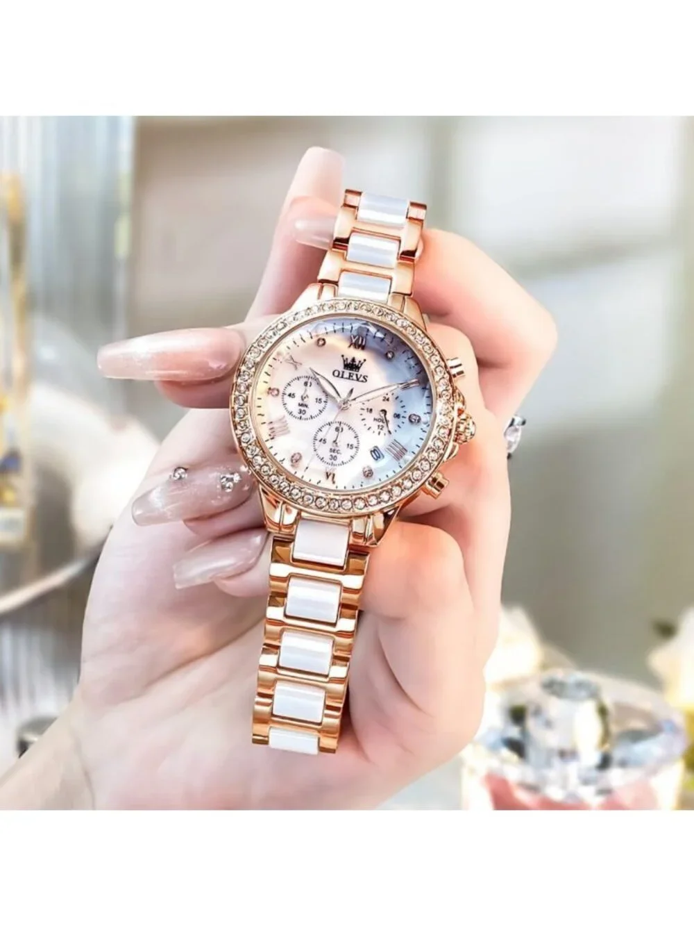 Elegant Diamond Bezel Women's Watch - Luxury Ceramic Dress, Waterproof, Quartz